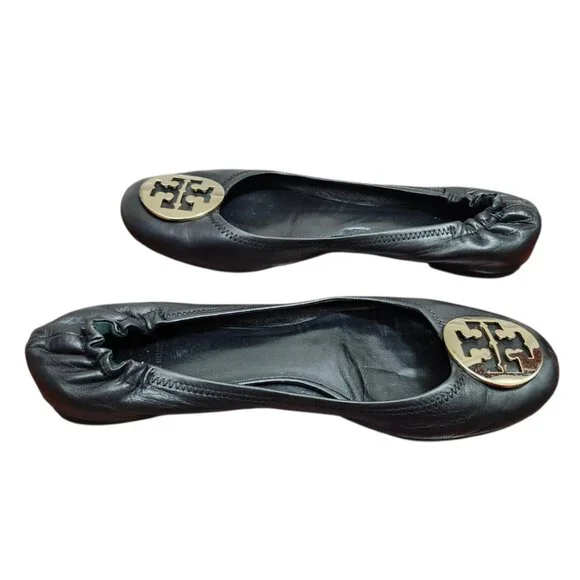 Tory Burch Reva Black Leather Ballet Flats Gold Logo Medallion Size 11 - Picture 5 of 10